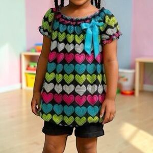Tempted Girls Size 4 Top Girls Multicolor Heart Print Short Sleeve With Blue Bow